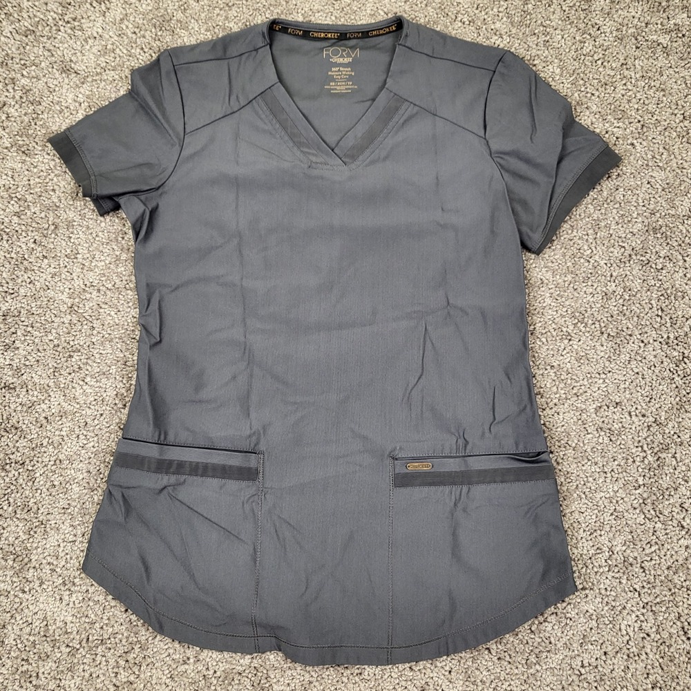 Cherokee FORM Scrub Top Women XS Pewter Excellent CK840 V-Neck Techwear Stretch
